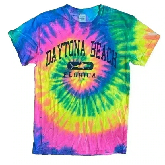 Daytona Beach Florida Tie Dye T Shirt Top Blue Pink Yellow Green Small Tee - Picture 1 of 9